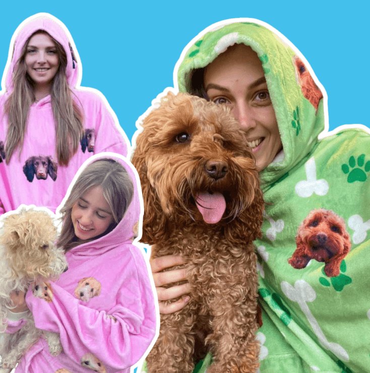 Customers in their personalised hoodies, one hugging her dog