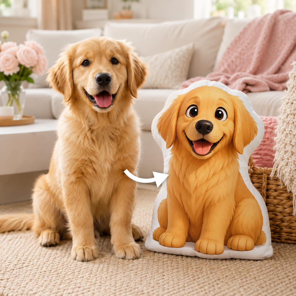 A golden retriever sits on a beige rug in a bright living room next to a matching plush pillow shaped like the dog, with a white arrow pointing from the real dog to the pillow.
