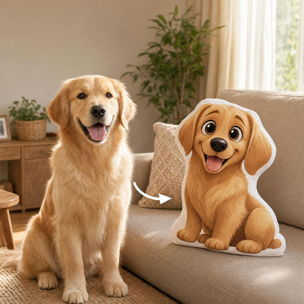 A golden retriever sits on a rug beside a beige sofa, next to a matching plush dog-shaped pillow with a cartoon-style face. A white arrow points from the real dog to the pillow, suggesting a custom pet product setup in a living room.