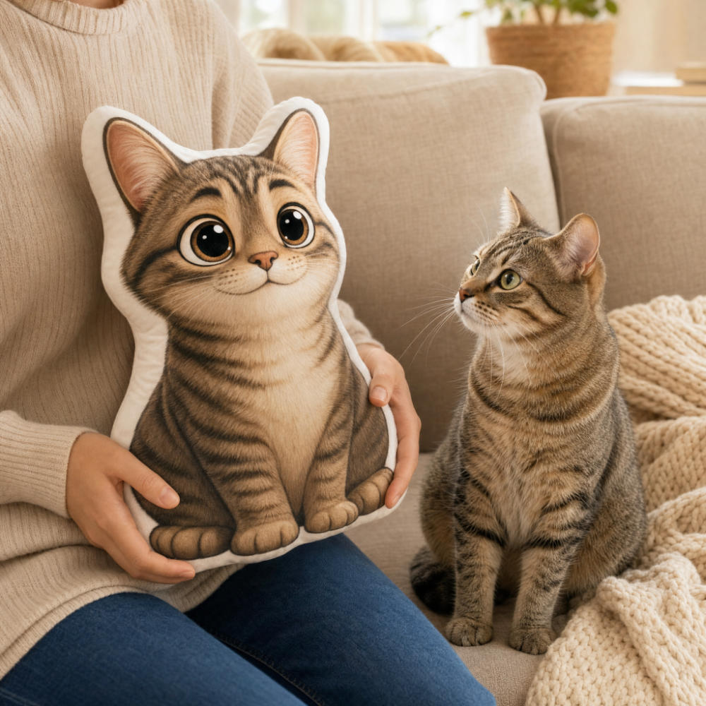 A person in a beige sweater holds a large, realistic cat-shaped throw pillow while a real tabby cat sits on a beige couch beside them.