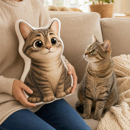 A person in a beige sweater holds a large, realistic cat-shaped throw pillow while a real tabby cat sits on a beige couch beside them.