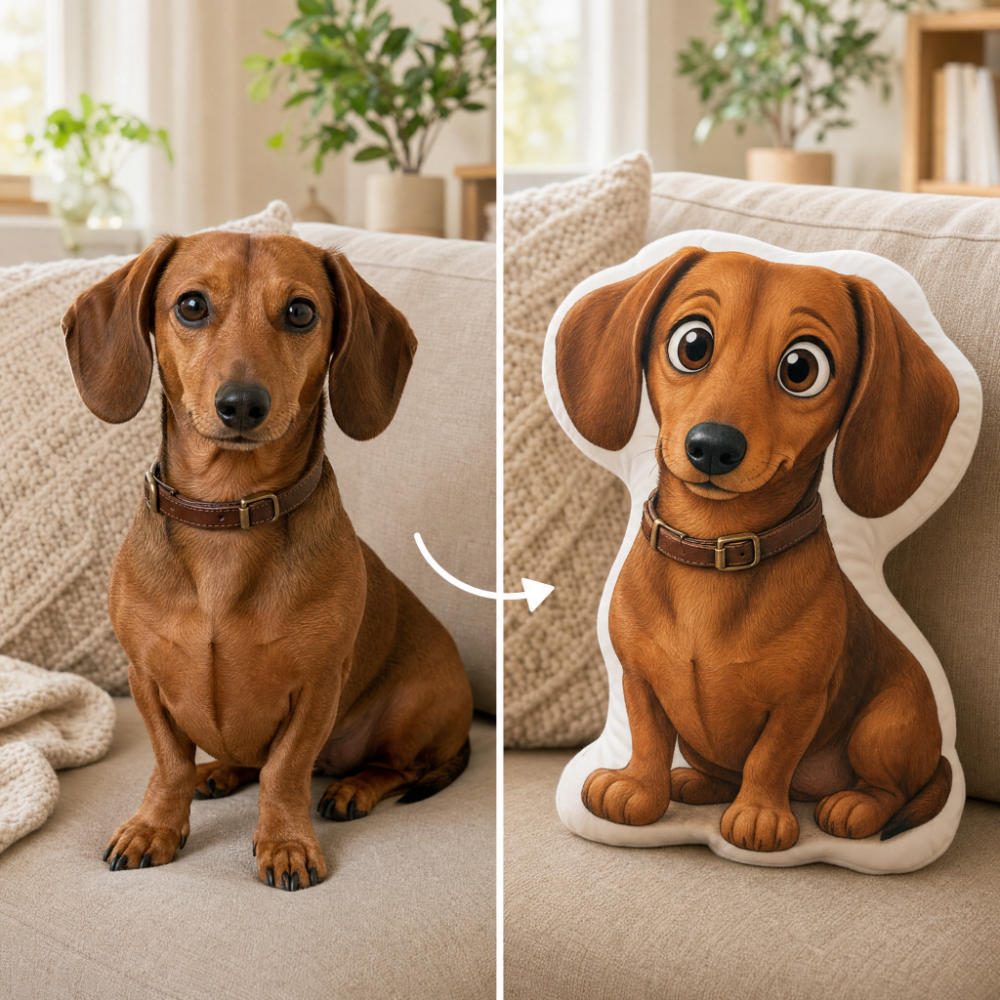 A split-screen comparison showing a real dachshund sitting on a beige couch on the left, and a matching illustrated dachshund-shaped cushion on the right. The right side includes a white arrow pointing from the dog to the cushion, suggesting the cushion is a pet memorial or decorative replica.