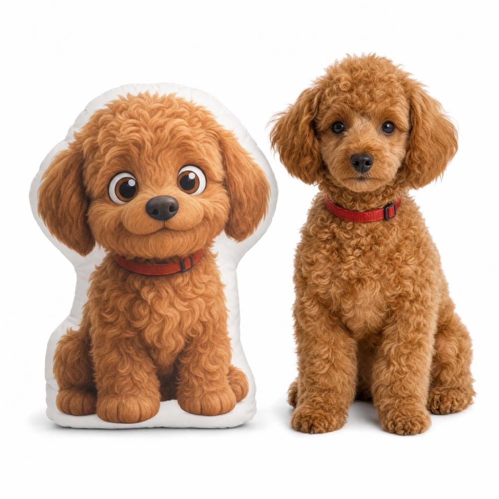 A plush dog-shaped pillow next to a real fluffy brown dog wearing a red collar, on a clean white background.