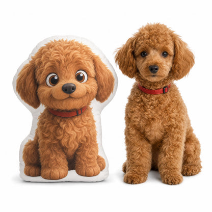 A plush dog-shaped pillow next to a real fluffy brown dog wearing a red collar, on a clean white background.