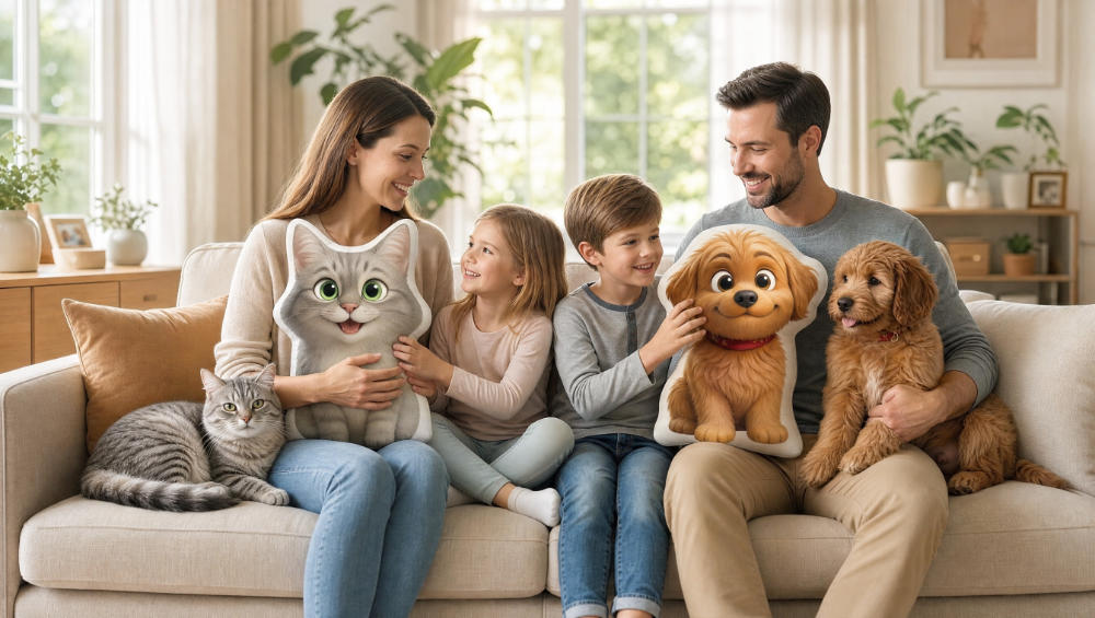 A family of four sits on a beige sofa in a bright living room, holding plush pet toys including a gray cat, a brown dog, and cartoon dog and cat pillows. A real cat rests on the sofa beside them.