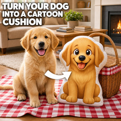 A golden retriever dog sits on a red-and-white check blanket in a living room, next to a plush cushion printed with the same dog face. Large text at the top reads, 'TURN YOUR DOG INTO A CARTOON CUSHION,' with a white arrow pointing toward the cushion.