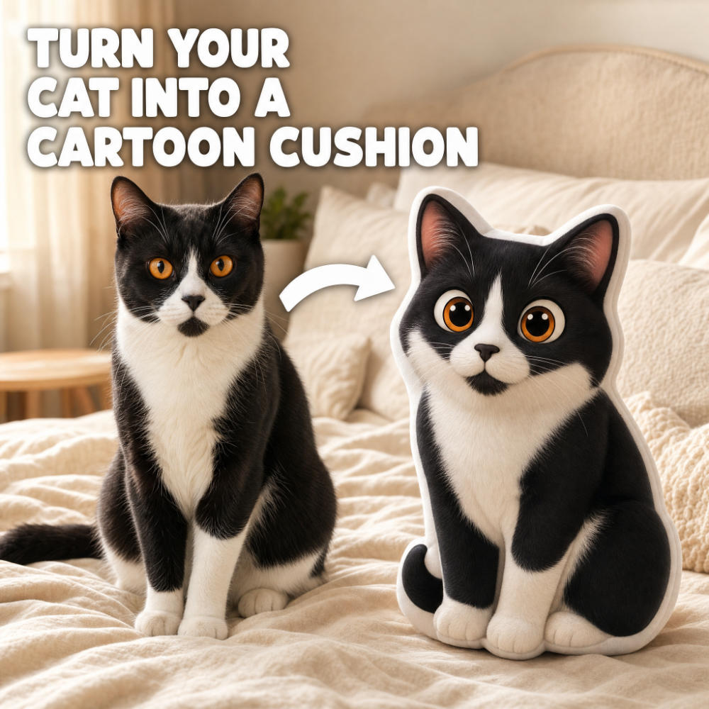 A black-and-white cat sits on a beige bed beside a large plush cat-shaped cushion, with overlaid text reading 'TURN YOUR CAT INTO A CARTOON CUSHION' and a white arrow pointing to the cushion.
