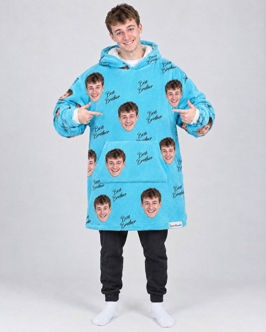 Custom Best Brother Hoodie in blue, worn by a man, printed with his own face