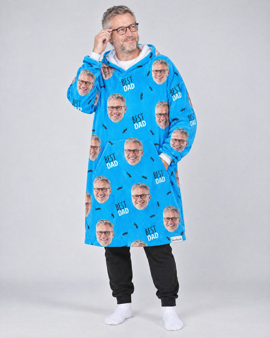 Custom Best Dad Hoodie in blue, worn by a dad, printed with his own face