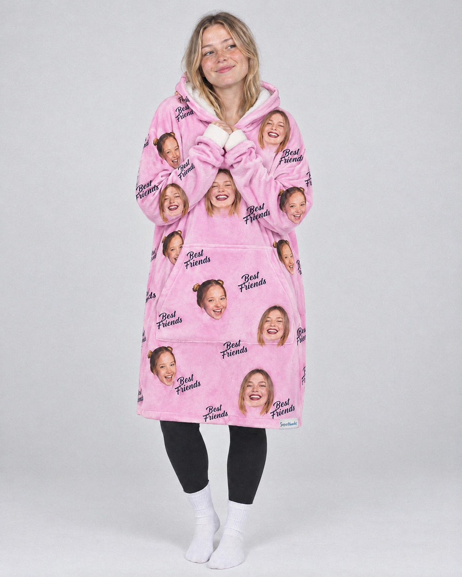 Custom Best Friends Hoodie in pink, worn by a woman, printed with her own face and her best friend's