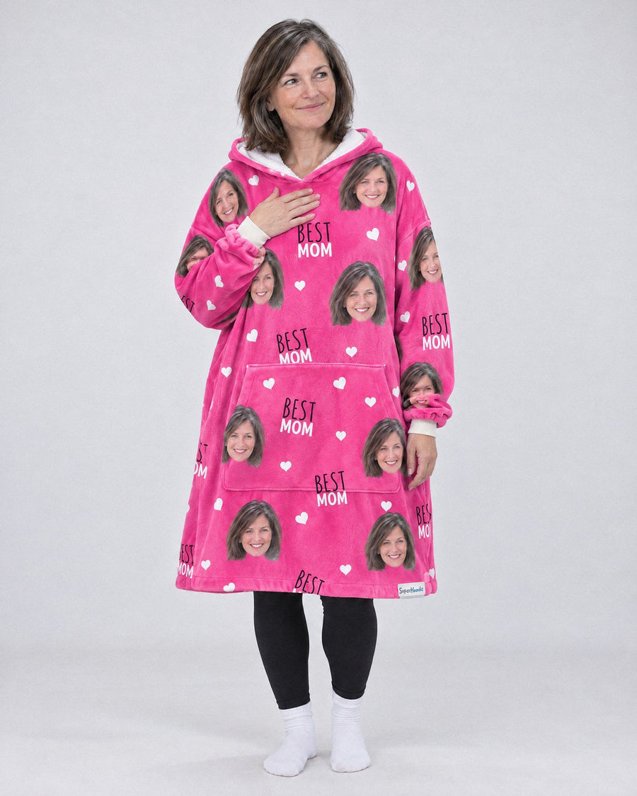 Custom Best Mum Hoodie in pink, worn by a mum, printed with her own face