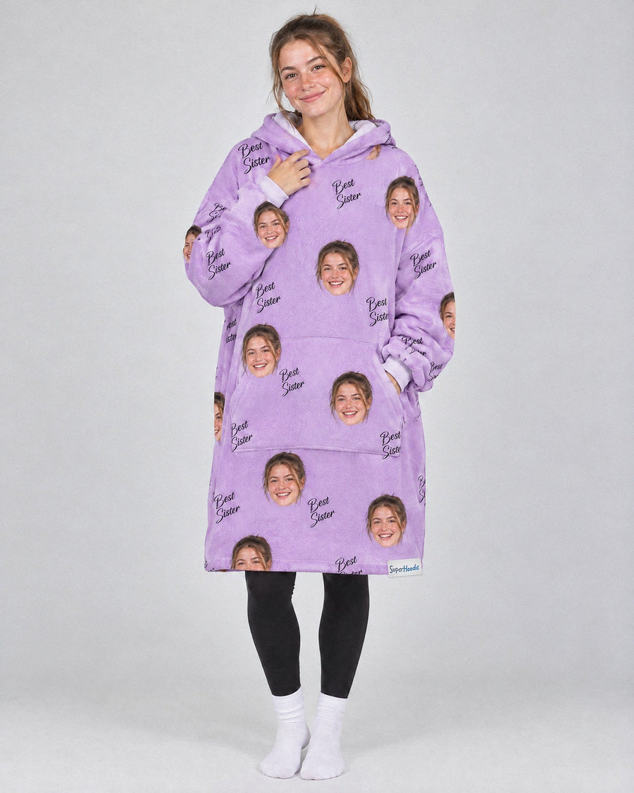 Custom Best Sister Hoodie in purple, worn by a woman, printed with her own face