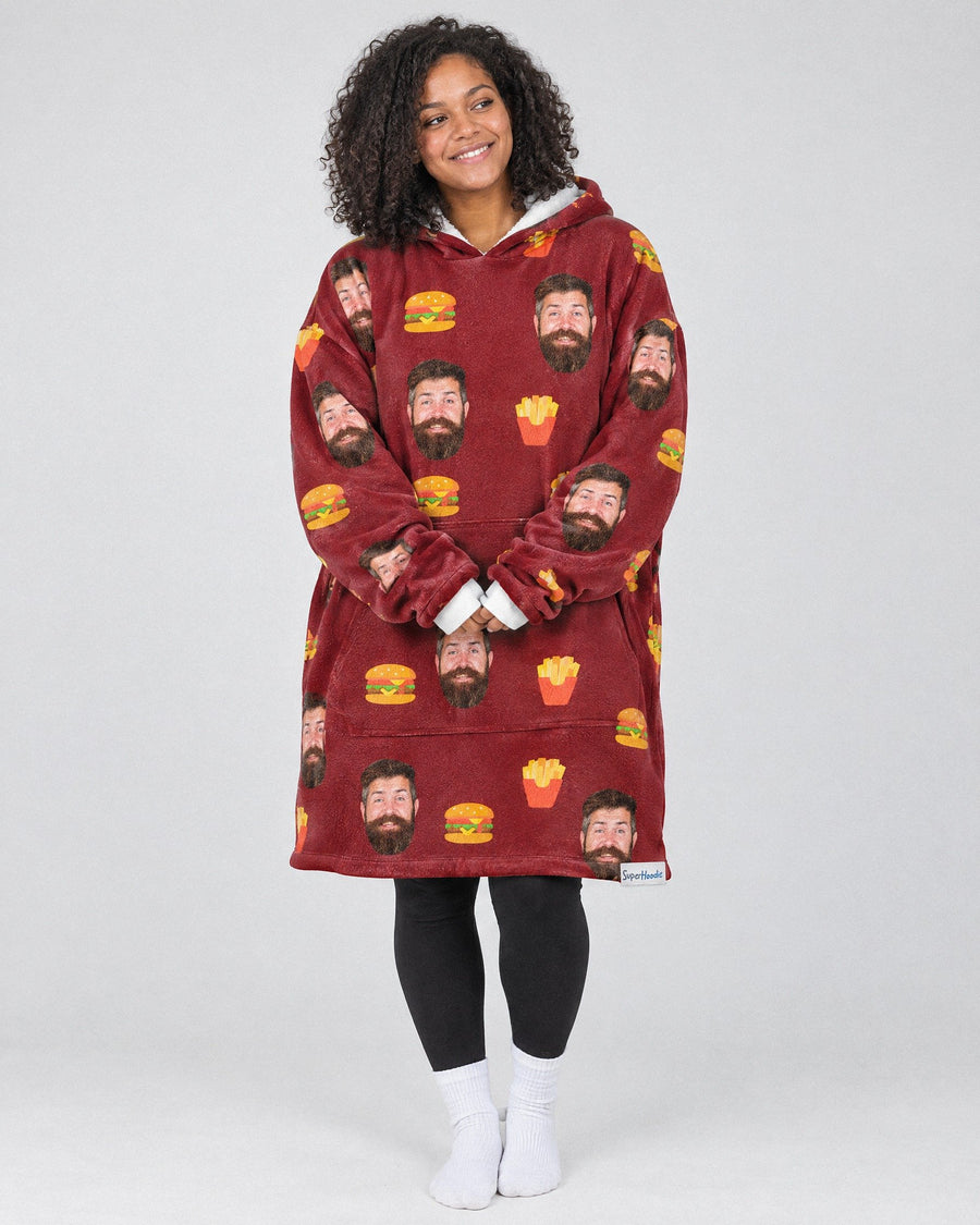 Custom Burger Hoodie in red, worn by a woman