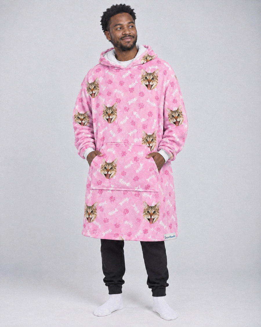 Custom Cat Hoodie in pink, worn by a man