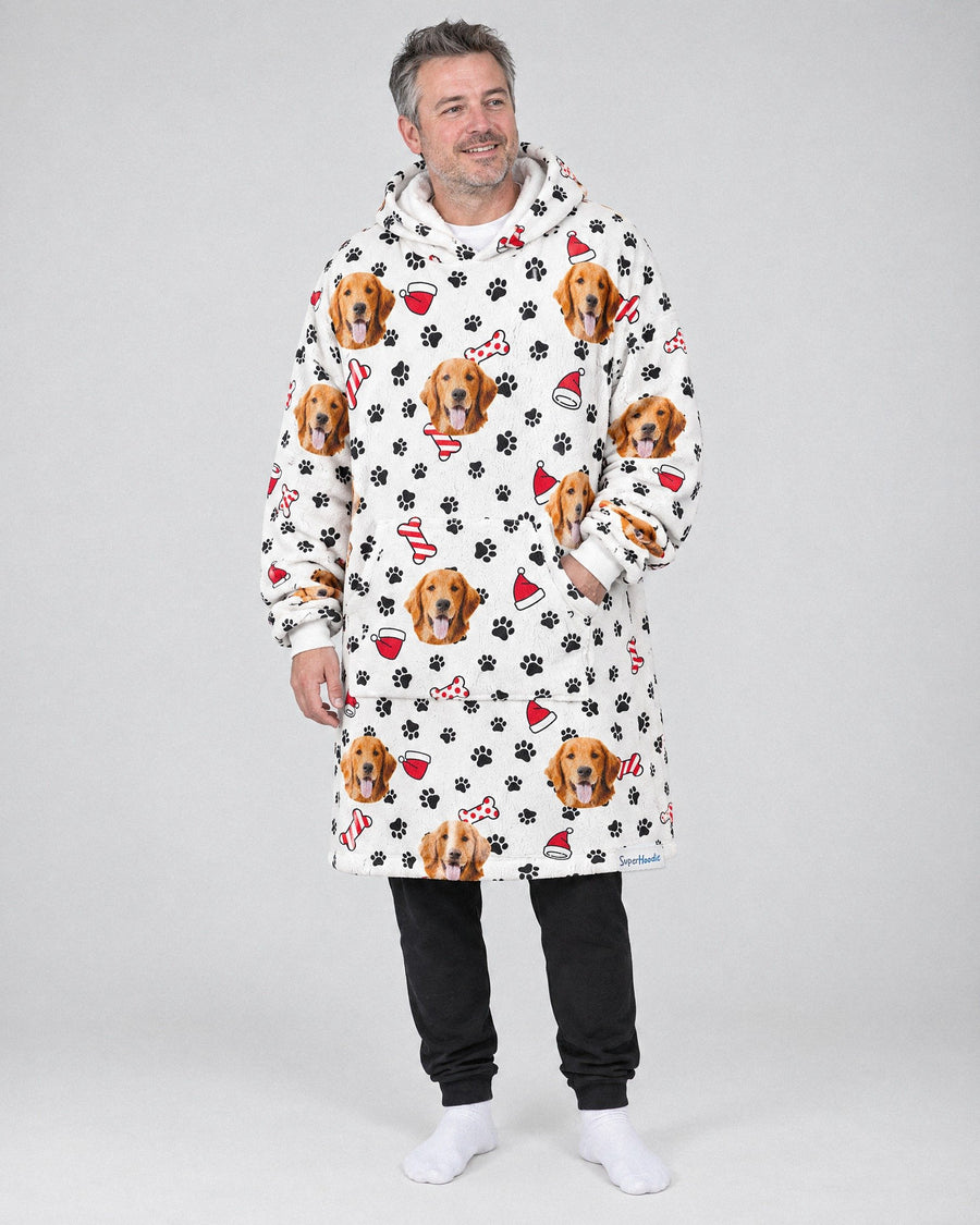 Custom Christmas Dog Hoodie in white, worn by a man