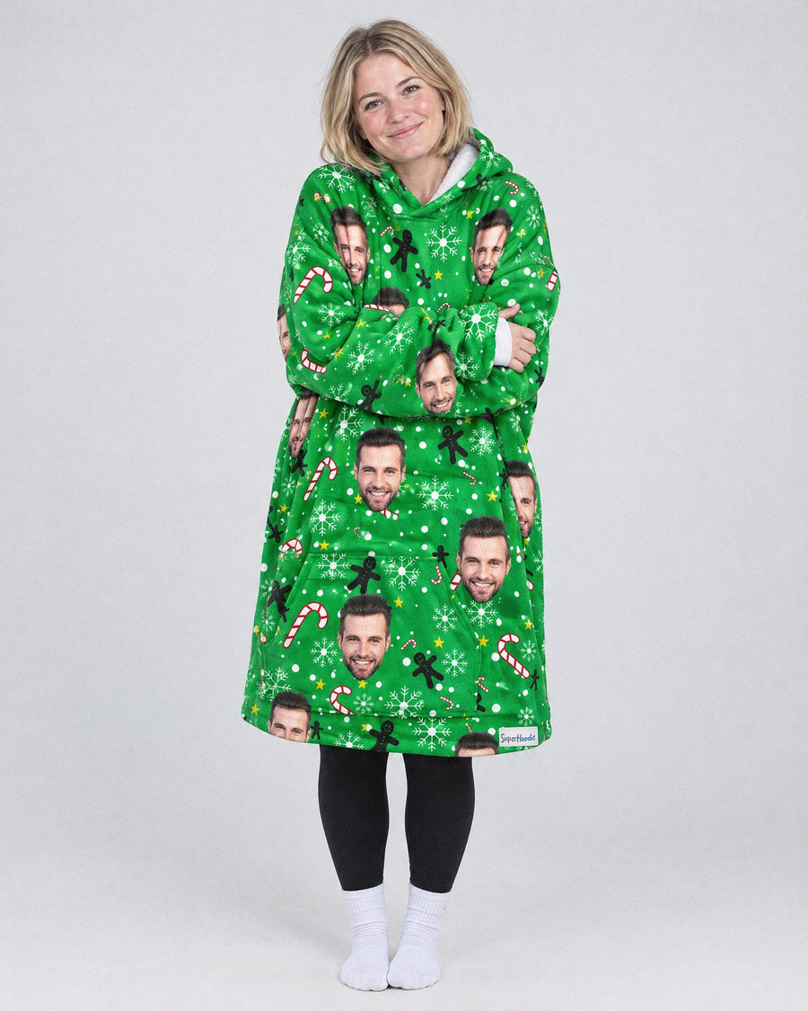 Custom Christmas Hoodie in green, worn by a woman