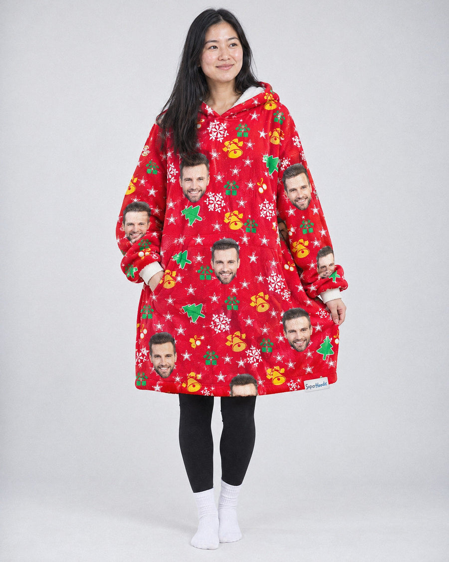 Custom Christmas Time Hoodie in red, worn by a woman