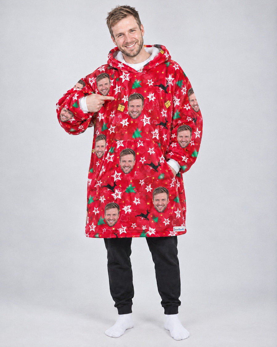 Custom Christmas Tree Hoodie in red, worn by a man, printed with his own face