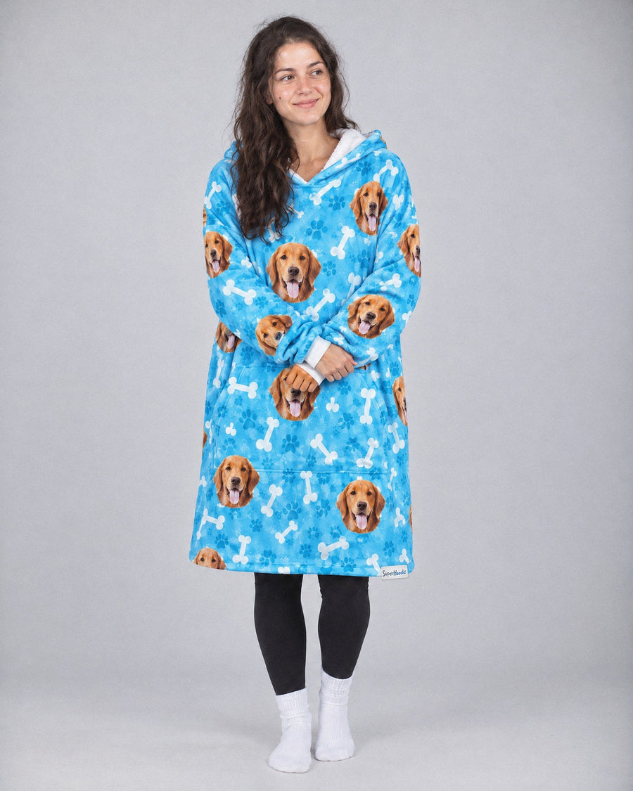 Custom Dog Hoodie in blue, worn by a woman