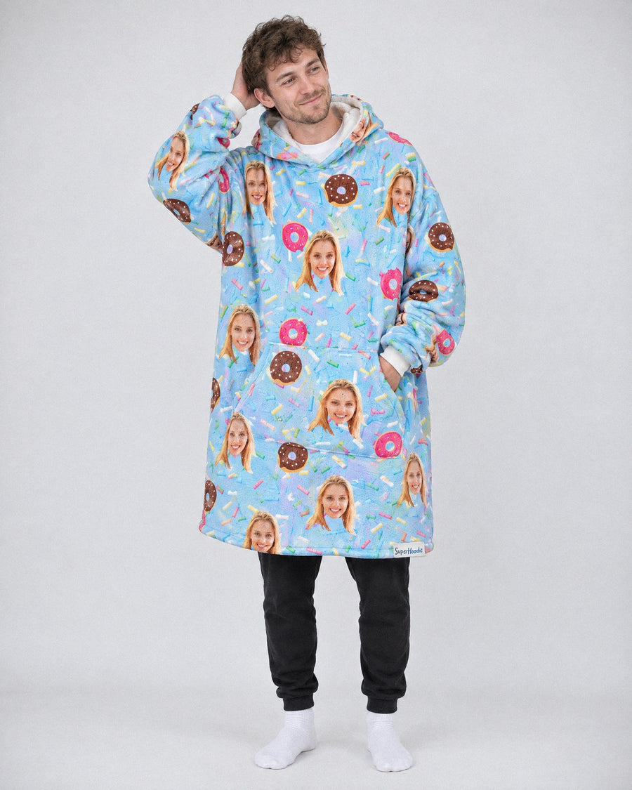 Custom Donut Hoodie in light blue, worn by a man