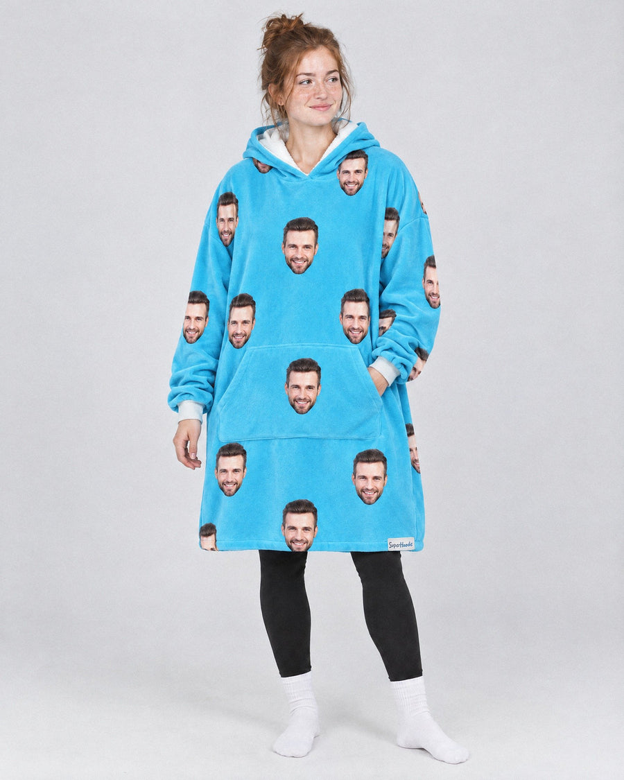 Custom Face Hoodie in blue, worn by a woman