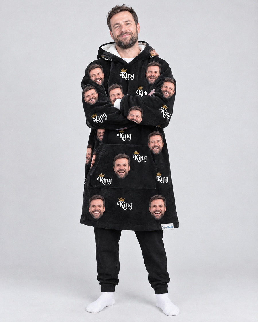 Custom King Hoodie in black, worn by a man, printed with his own face
