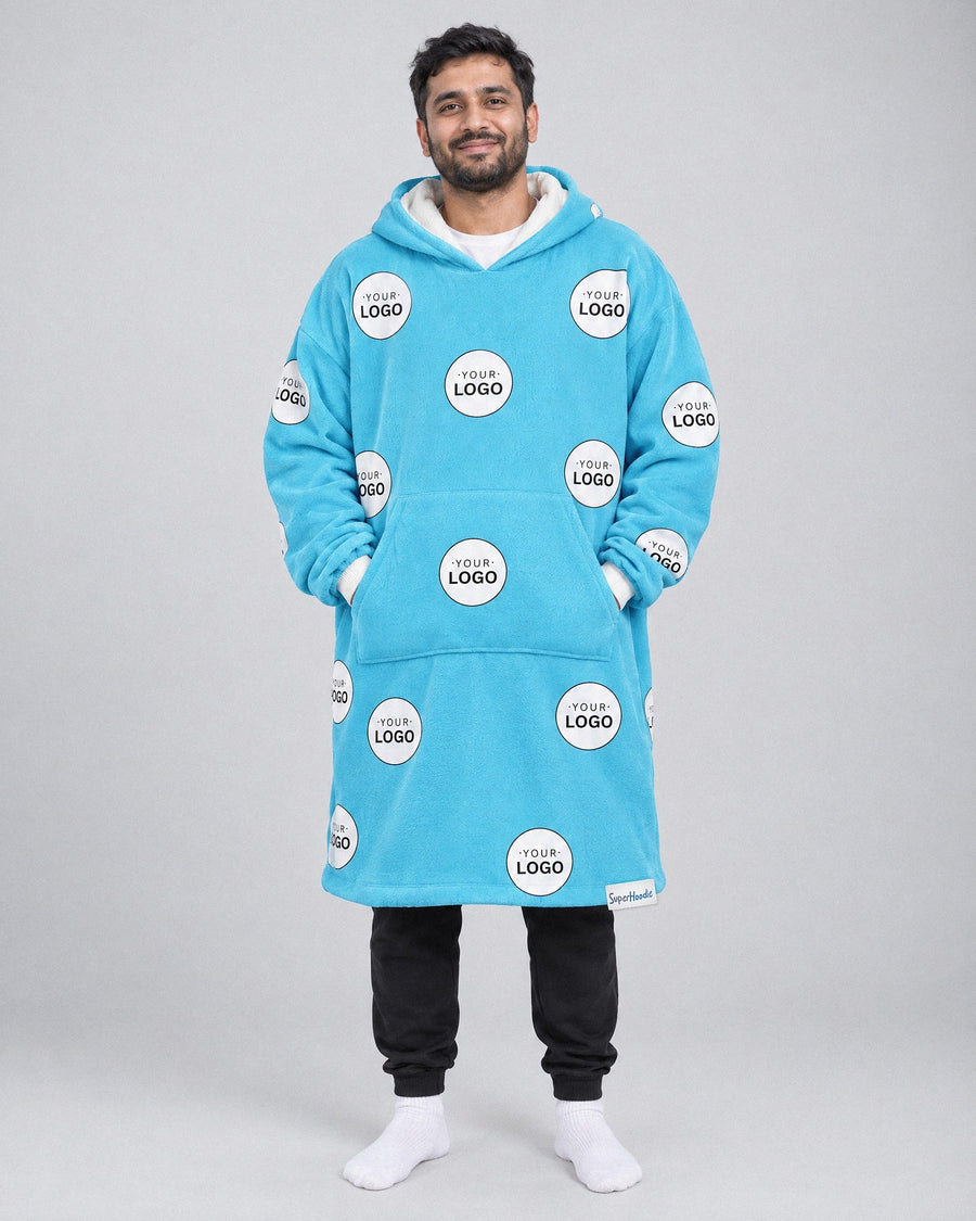Custom Logo Hoodie in blue, worn by a man