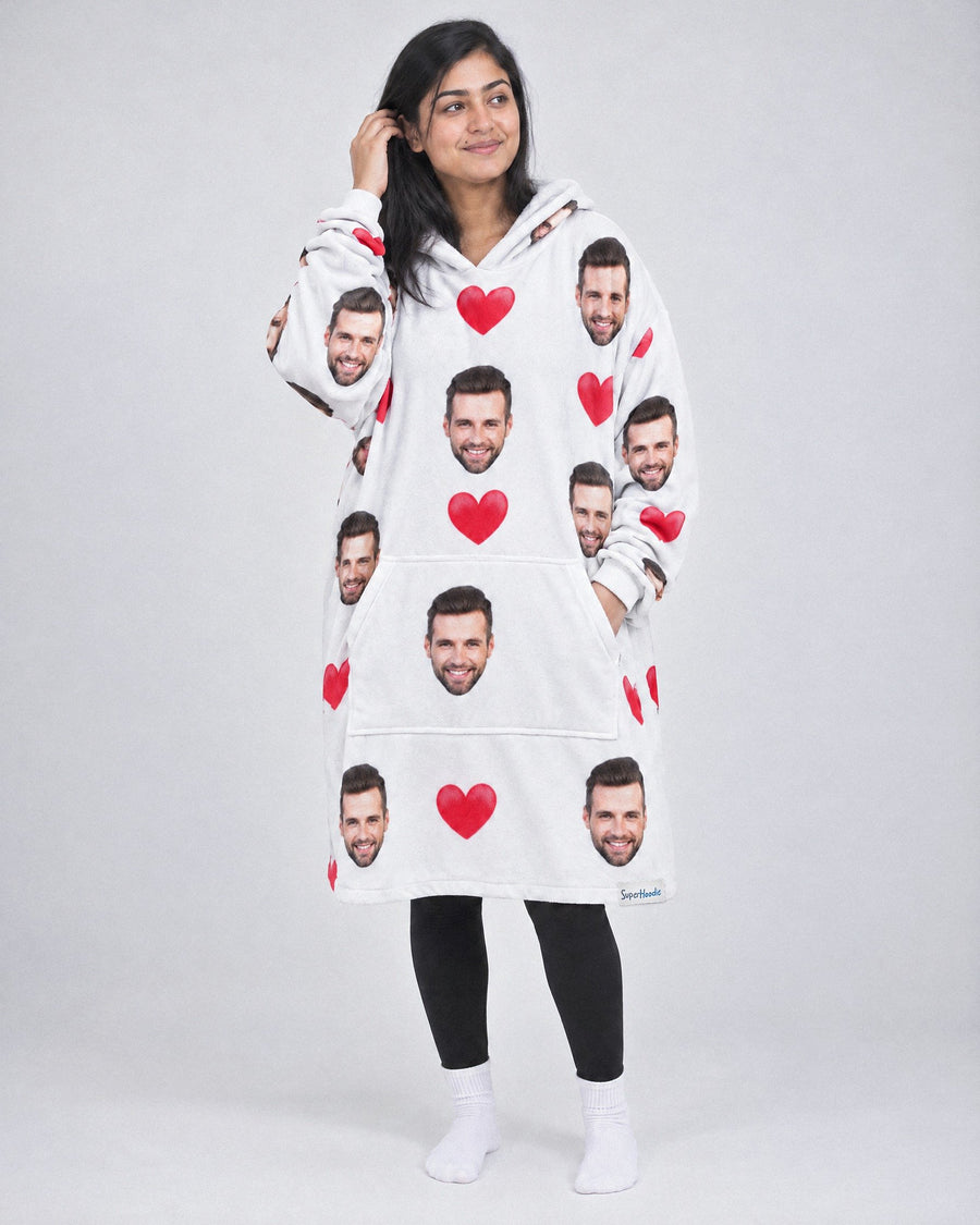 Custom Love Hoodie in white, worn by a woman