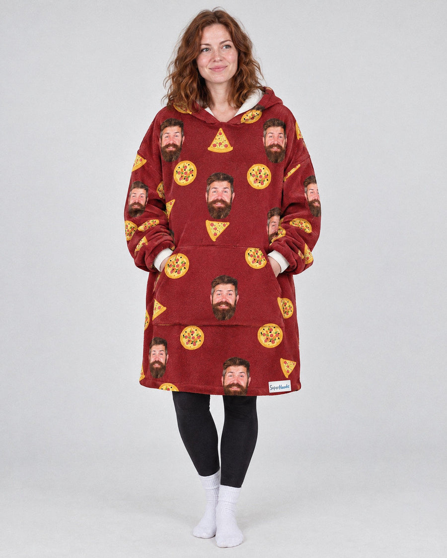 Custom Pizza Hoodie in red, worn by a woman