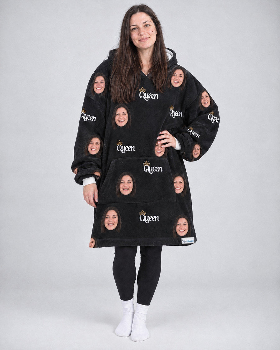 Custom Queen Hoodie in black, worn by a woman, printed with her own face